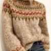 Stand Collar Ribbed Knit Wool Sweater Beige Striped Knitwear