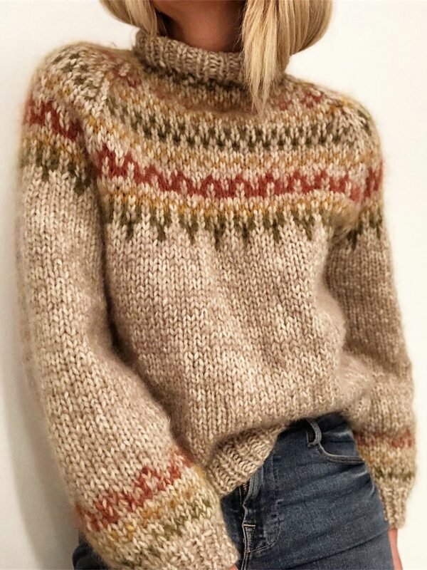 Stand Collar Ribbed Knit Wool Sweater Beige Striped Knitwear