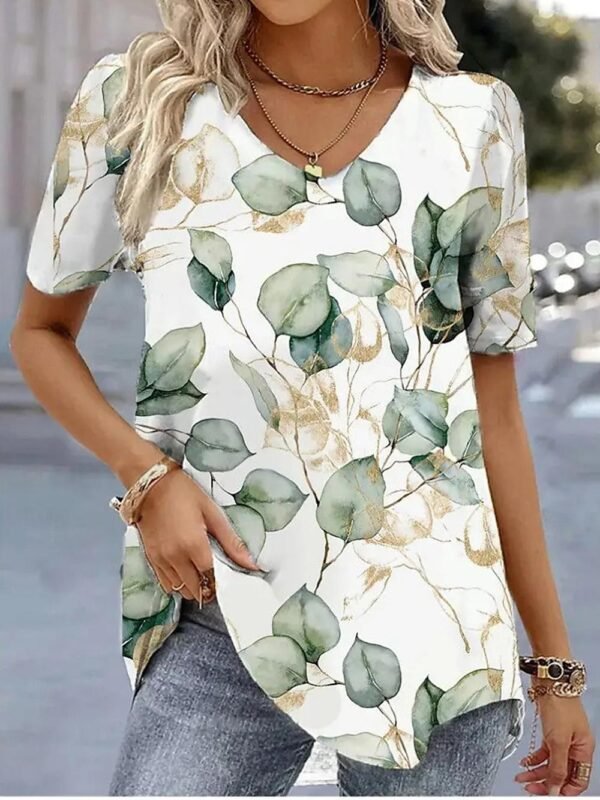 Floral Print V Neck Short Sleeve Tee