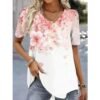 Floral Print V Neck Short Sleeve Tee