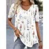 Floral Print V Neck Short Sleeve Tee