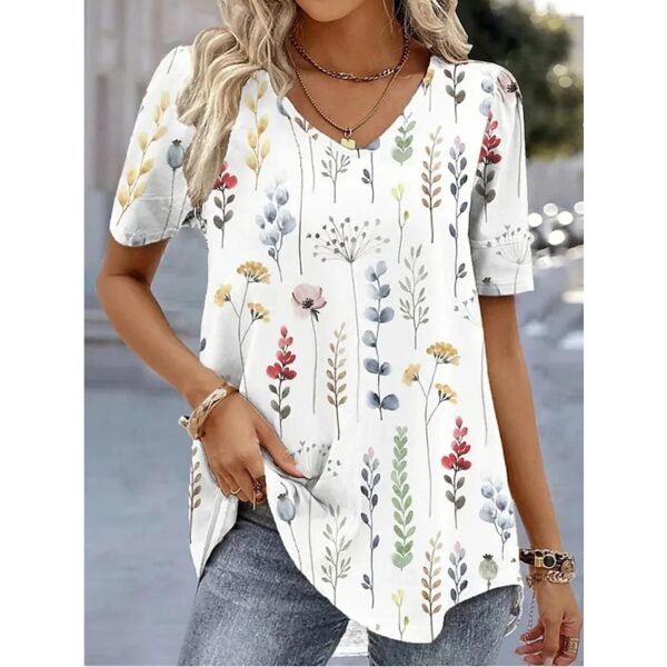 Floral Print V Neck Short Sleeve Tee