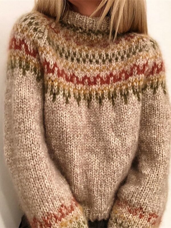 Stand Collar Ribbed Knit Wool Sweater Beige Striped Knitwear
