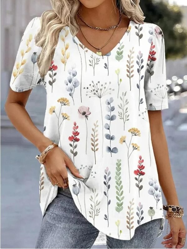 Floral Print V Neck Short Sleeve Tee