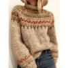 Stand Collar Ribbed Knit Wool Sweater Beige Striped Knitwear