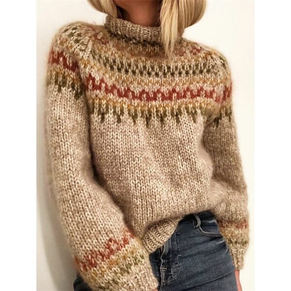 Stand Collar Ribbed Knit Wool Sweater Beige Striped Knitwear