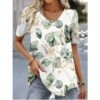 Floral Print V Neck Short Sleeve Tee