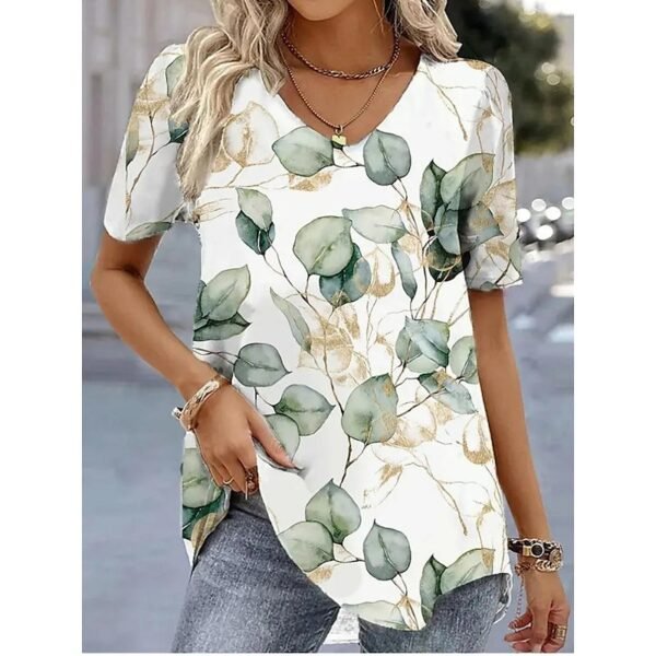 Floral Print V Neck Short Sleeve Tee